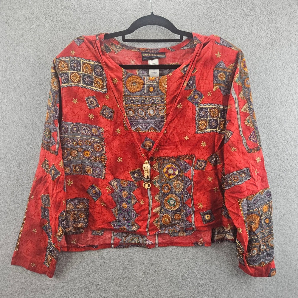 JUST IN THYME LTD. Blouse Women 14 Red Abstract Beaded V-Neck Vintage USA Made